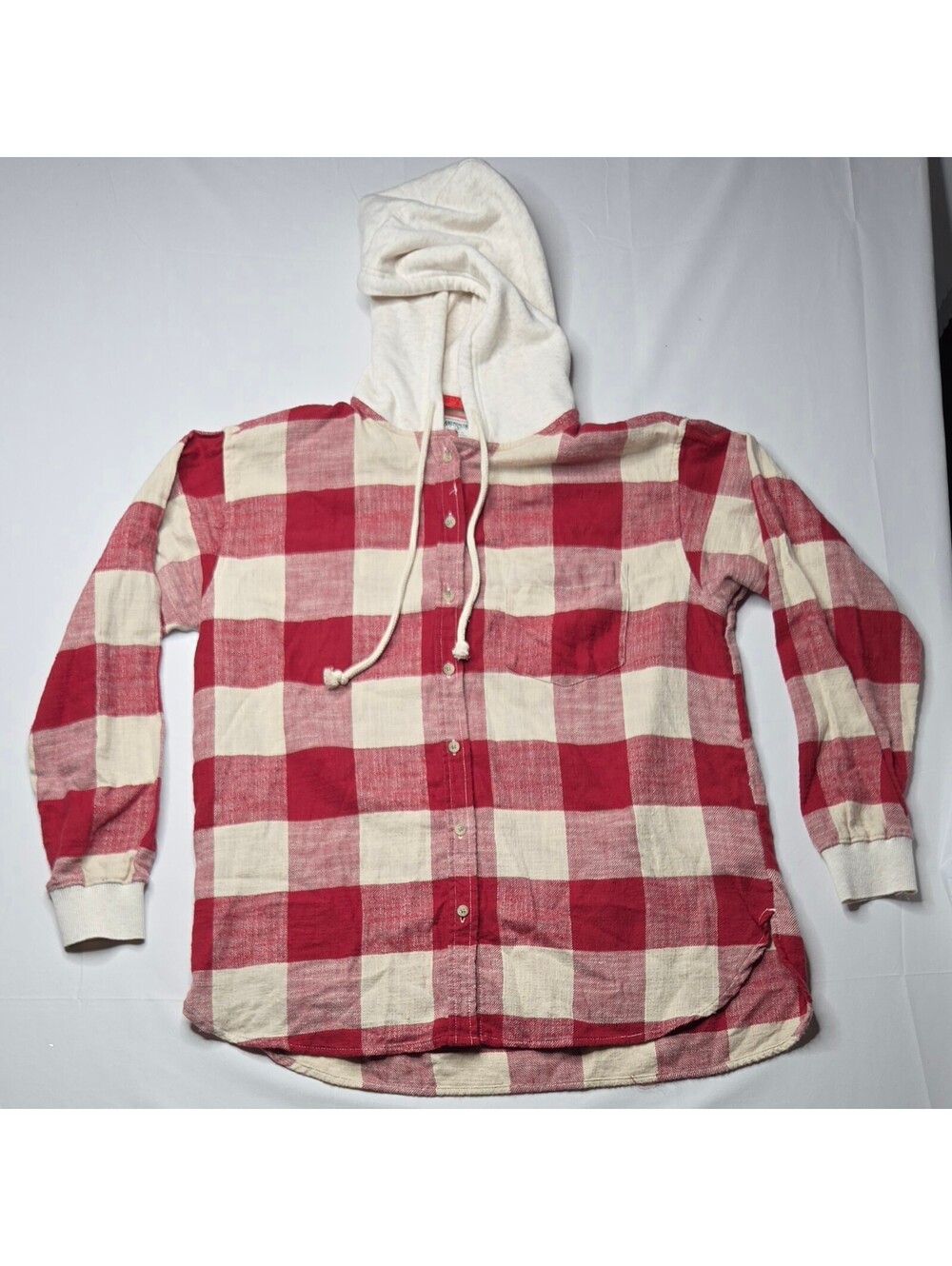 American Eagle Hooded Flannel Plaid Shirt Large Red Cream EUC